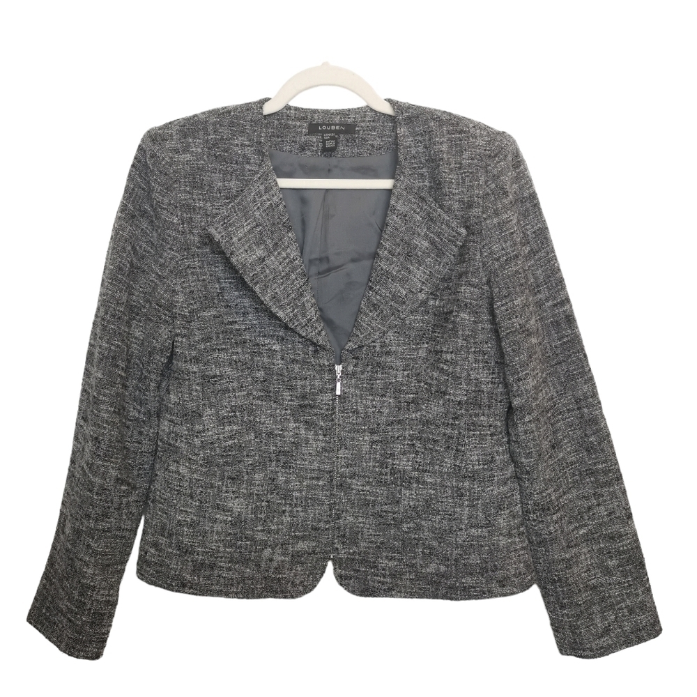 Louben Wool Tweed Blazer Gray Textured Zip Jacket‎ Classic Minimalist Workwear